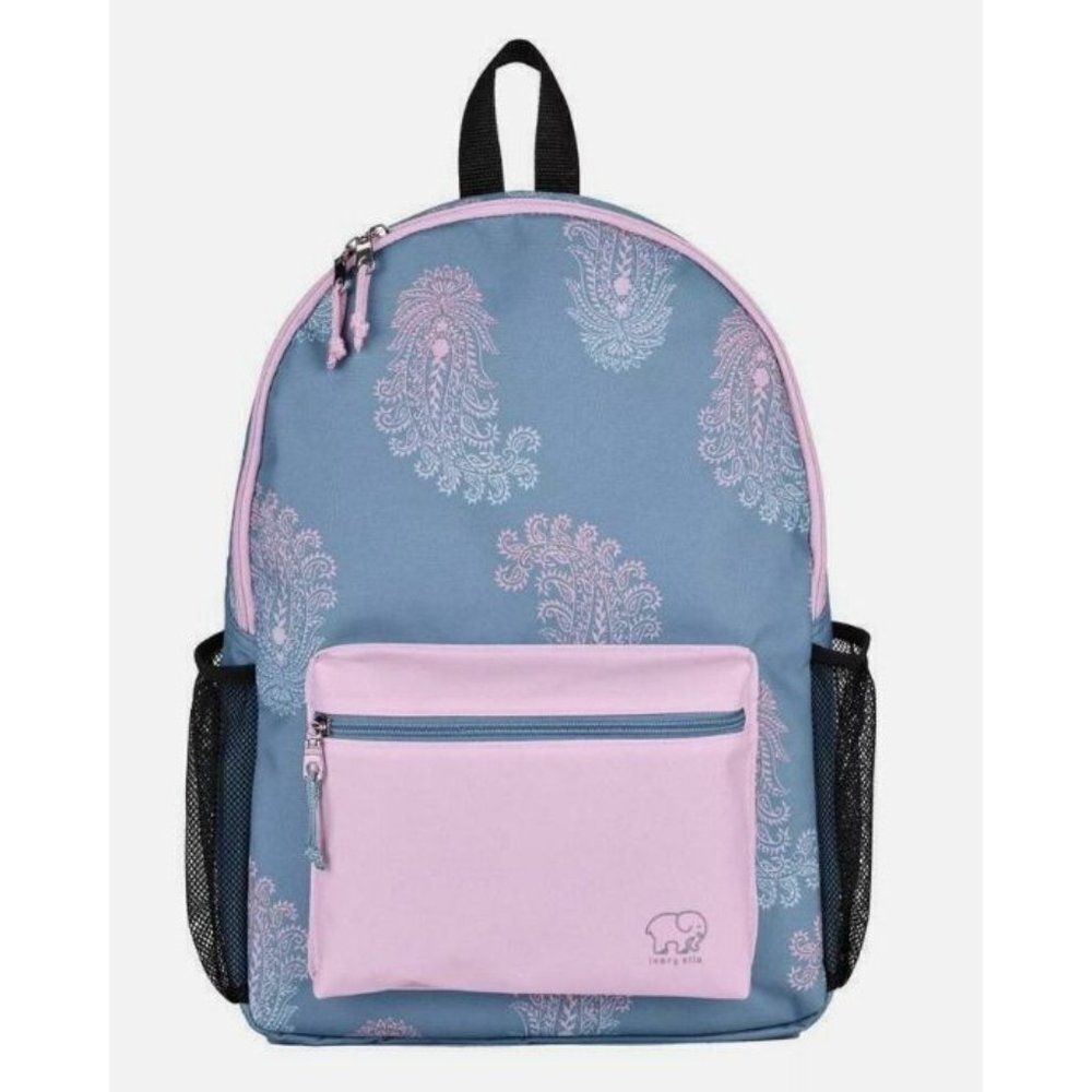 Ivory Ella Laptop Backpack Bookbag Lovey Paisley Print Slate Blue and Pink 17" N